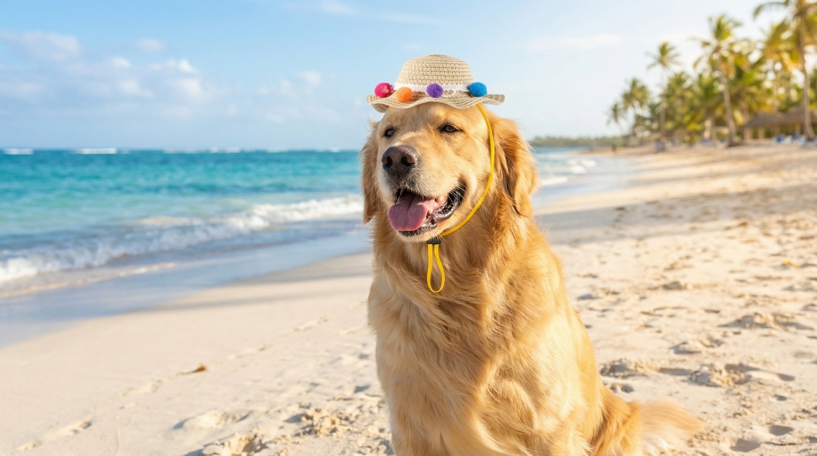 A golden retriever wearing the straw hat with colorful pom-poms, in a beach scene with blue sea and预览效果