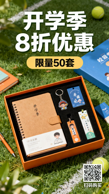 青春活力风格校园定制文创礼盒促销海报，画面中包含文创礼盒，内含笔记本、钥匙扣、书签产品实物元素，带有醒目的促销文案"开学季8折优惠"和"限量50套"，在海报右下角预留购买二维码占位区域，整体面向在校大预览效果