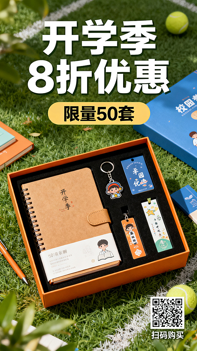 青春活力风格校园定制文创礼盒促销海报，画面中包含文创礼盒，内含笔记本、钥匙扣、书签产品实物元素，带有醒目的促销文案"开学季8折优惠"和"限量50套"，在海报右下角预留购买二维码占位区域，整体面向在校大学生设计，采用活力青春校园色调，设计简洁醒目，信息层级清晰，竖版海报