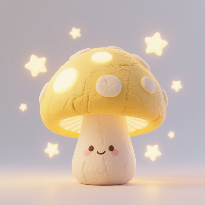 一个发光蘑菇，浅黄色，卡通，有星星预览效果