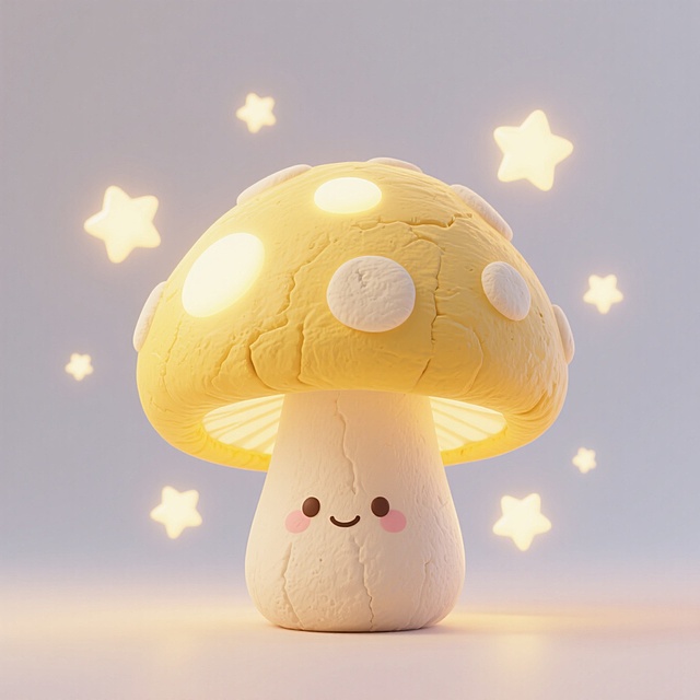 一个发光蘑菇，浅黄色，卡通，有星星