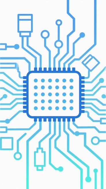 电路板主题插画，以蓝色和青色渐变线条构成复杂的电路网络，中央是一个大型方形芯片，芯片边缘有细密的蓝色引脚，表面分布规则的小圆点，周围环绕着不同形状的电子元件和分支线路，整体采用简约的线条风格，背景为纯白色，线条流畅且具有科技感，展现出精密的电子线路布局。预览效果