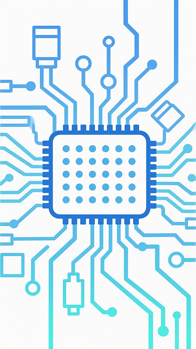 电路板主题插画，以蓝色和青色渐变线条构成复杂的电路网络，中央是一个大型方形芯片，芯片边缘有细密的蓝色引脚，表面分布规则的小圆点，周围环绕着不同形状的电子元件和分支线路，整体采用简约的线条风格，背景为纯白色，线条流畅且具有科技感，展现出精密的电子线路布局。