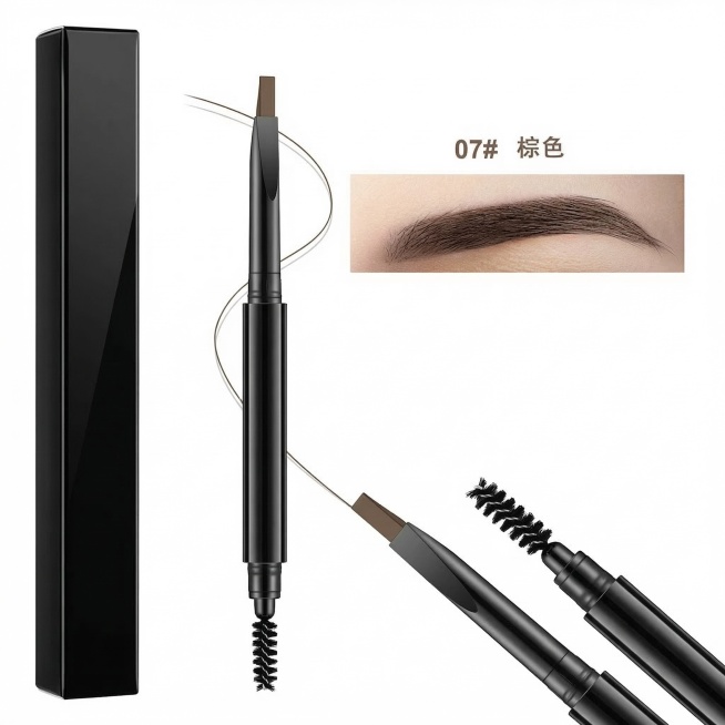将这张眉笔图的外包装盒和笔身包材全部修改为亮黑色，笔头保持扁平形状，不要改为三角形，保留其他所有内容不变，包括07# 棕色文字、试色图和整体构图布局预览效果