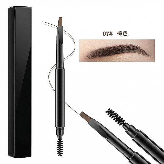 将这张眉笔图的外包装盒和笔身包材全部修改为亮黑色，笔头保持扁平形状，不要改为三角形，保留其他所有内容不变，包括07# 棕色文字、试色图和整体构图布局
