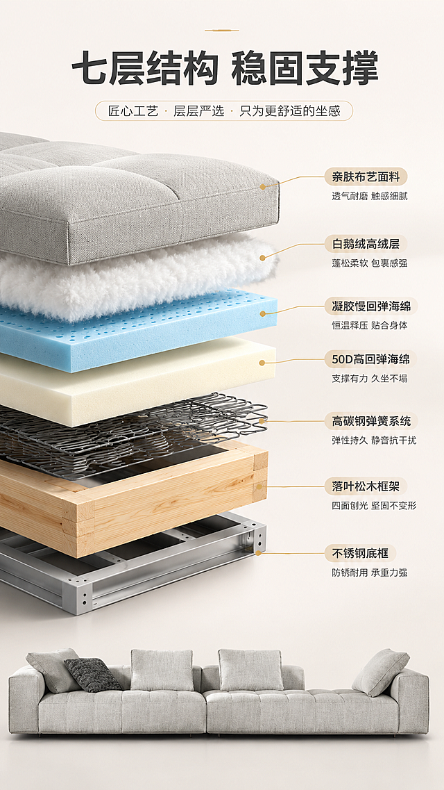 [商品] 使用【图1】浅灰色模块羽绒沙发；保留整体外观轮廓、浅灰色面料；修复：增强座包立体感，不改变颜色和整体结构。
[画面] 目标：内芯结构页，深度展示支撑系统。中心为沙发座包分层爆炸示意图，从下到上依次为：不锈钢底框→俄罗斯落叶松木框架→高碳钢弹簧系统→50密度高回弹海绵→冰感凝胶慢回弹海绵→白鹅绒填充层→布艺面料；每层之间有间隙并用细金线+箭头标注连接；背景为纯净暖白色，结构清晰可见。
[视觉] 套系策略：风格=现代极简轻奢家居商业摄影；标题字=现代无衬线粗体（思源黑体Heavy）；正文字=简洁无衬线体（思源黑体Regular）；主色=暖白+浅灰；背景延展=基于暖白浅灰做深浅层级、同色渐变和细腻哑光质感；强调色=香槟金，仅用于小面积图标、引线、标签和装饰线条；标题色=深炭灰；正文色=中暖灰；组件=圆角浅底信息卡、细金线引线、胶囊形卖点框；光影=左前侧暖柔光，柔和自然阴影。
[文字] 顶部主标题「七层结构 稳固支撑」（大字号深炭灰居中），每层结构右侧横向标注名称和功能说明：「不锈钢底框 — 防锈耐用 承重力强」「落叶松木框架 — 四面刨光 坚固不变形」「高碳钢弹簧系统 — 弹性持久 静音抗干扰」「50D高回弹海绵 — 支撑有力 久坐不塌」「凝胶慢回弹海绵 — 恒温释压 贴合身体」「白鹅绒高绒层 — 蓬松柔软 包裹感强」「亲肤布艺面料 — 透气耐磨 触感细腻」，文字横排，引线清晰，手机端可读。
[规格] 图片比例9:16竖版，分辨率4K，quality=medium。避免变形、错字、文字过小、冷蓝背景、结构混乱、极限词。