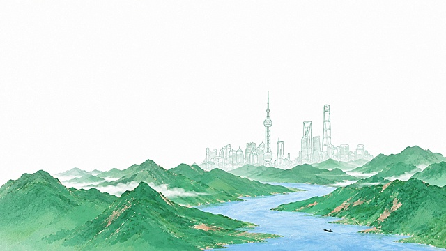 将原图中的山体河流整体缩小，横向延长画面，增加左侧和上方的空白留白区域，保持原有绿色山峦蓝色河流的插画风格不变