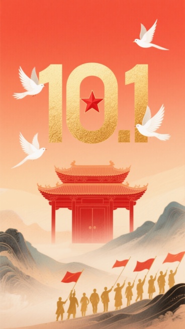 从暖红色到橙色渐变的绚丽背景，好似绚烂晚霞铺满画面。画面中央焦点是巨大的金色 “10.1” 数字，数字线条流畅，散发着耀眼光芒。其中 “0” 里镶嵌着一颗鲜艳的红色星星，
围绕着金色数字，白鸽优雅地展预览效果