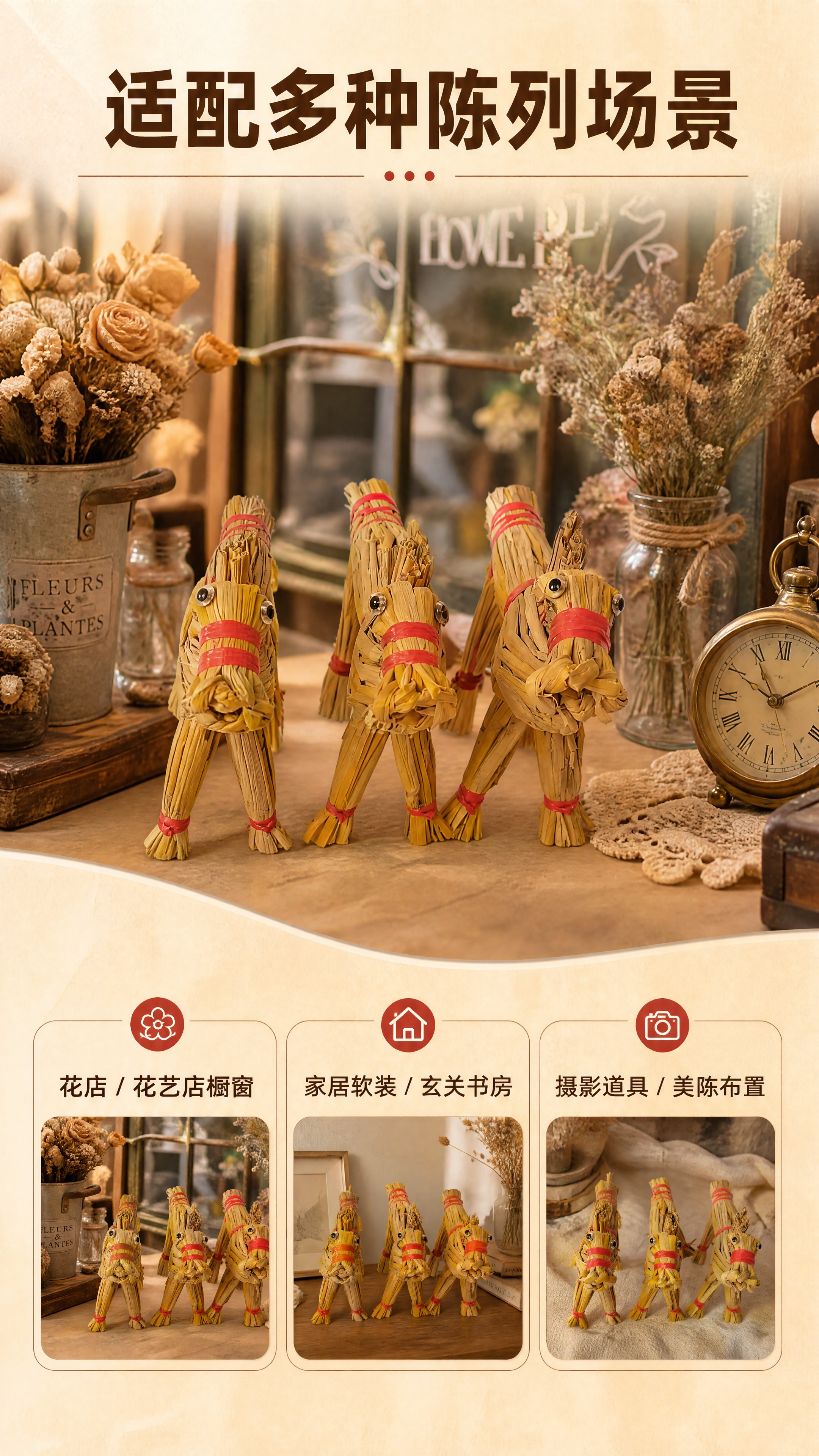 [商品] 使用【图4】三只红绳捆绑稻草马摆件；保留每只稻草马的… - 图片创意预览