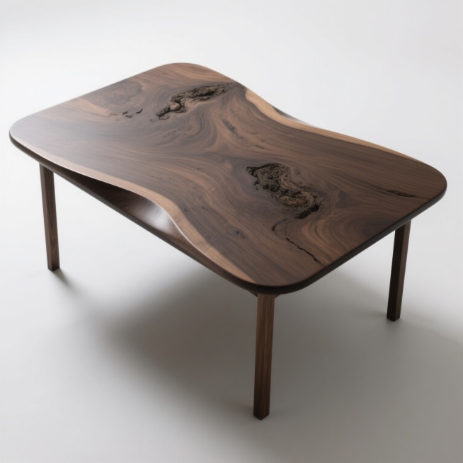 一张高质量产品展示图，白色纯净背景，主体为一张设计感十足的木质桌子。桌子采用深色实木材质，表面呈现出自然流畅的山形木纹和独特的树瘤纹理，木纹走向富有变化且清晰可见，木材质感真实细腻，带有天然的细小毛孔和轻微的打磨痕迹。桌面边缘设计为柔和的弧形圆角，桌腿为简约的细线条方形结构，与桌面形成稳固连接，整体风格简约现代。光线从左上方柔和照射，在桌面形成自然的明暗过渡，左侧边缘有轻微的高光，右侧和底部形……预览效果