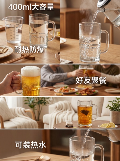 根据这张图片帮我生成一套3:4电商详情图，要求文件大小不超过3M.体现出400毫升大容量，耐热，可以喝酒，泡茶，可以热水预览效果
