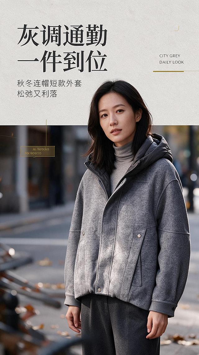[标题版式] 主标题置于画面上方三分之一留白处、左对齐，中文用现代宋体加粗、标题色近黑炭灰，标题右侧配小号英文装饰与一根暗芥末金细线；标题不压模特头部与外套主体。
[商品] 使用【图1】灰色花呢连帽短款外套；保留连帽造型、深灰连帽与内里绗缝质感、暗扣门襟、两个带暗扣的斜插口袋、收口袖口、弧形下摆、灰色杂色花呢织纹与整体短款比例；自然去除衣身、帽口与袖子褶皱压痕，理顺垂坠，增强花呢织纹、缝线与暗扣五金质感，不改变版型、颜色与结构。
[画面] 目标用秋冬都市通勤街拍氛围建立风格主张；同一位亚洲女性模特（25-30岁，中长发，浅暖灰高领内搭+深灰直筒长裤）位于画面右下，正面微侧、双手自然下垂，连帽与完整门襟清晰；商品占画面约65%；前景为虚化的栏杆与落叶，中景模特，后景城市街道纵深虚化；阅读动线自上而下。
[视觉] 套系策略：风格=秋冬都市通勤高级灰调商业摄影；标题字=现代宋体加粗；正文字=细黑体无衬线；主色=暖灰；背景延展=基于暖灰做深浅层级与毛呢/纸张细腻肌理；强调色=暗芥末金，仅用于细线、小图标与标签；标题色=近黑炭灰；正文色=中暖灰；组件=细线引线、直角小标签、细边框信息卡；光影=左前侧柔光加柔和高光。
[文字] 主标题「灰调通勤 一件到位」，副标题「秋冬连帽短款外套 松弛又利落」，英文装饰「CITY GREY」「DAILY LOOK」字号小于主标题；全部横向排版，位于左上留白区，不遮挡连帽、门襟与口袋。
[规格] 图片比例9:16竖版，2K，中文简体；避免竖排或旋转文字、变形、错字、文字过小、冷蓝/蓝灰冷调、衣服颜色改变、版型失真、多余结构、水印、二维码、平台Logo、极限词。