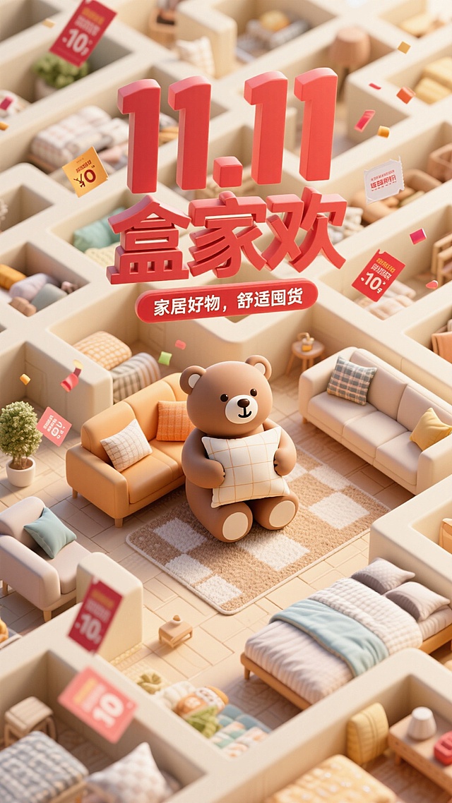 极致温暖的米色调画面中间一个卡通小熊抱着一个大抱枕，背后带有设计感的巨大的红色主标“11.11 盒家欢”+副标“家居好物，舒适囤货”。背景是各种家居用品（如沙发、地毯、床品等）堆积组成的巨大的迷宫，家居用品表面透着光亮，鸟瞰视角，促销元素（如优惠券、折扣标签等）飘落下来。