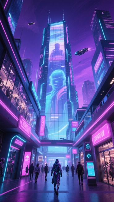 赛博朋克风格的未来商场外观与场景，高耸的玻璃幕墙建筑表面覆盖着全息广告投影，霓虹灯管勾勒出建筑轮廓与店铺招牌，天空呈现暗紫色调并漂浮着飞行器，地面行人穿着未来感服饰，两侧商场入口处有发光的指示牌与自动门，整体光影对比强烈，以蓝紫色与霓虹粉为主色调，营造出繁华且充满科技感的未来都市商业氛围。预览效果