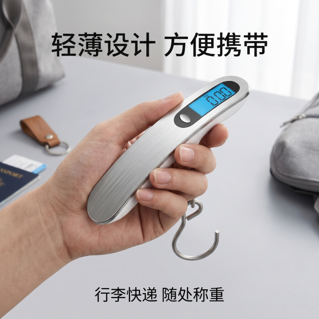 [主图-5] 首衡电子手提秤便携场景展示主图。
[氛围风格] 生活化场景展示，突出便携特性
[画质] 商业摄影质感，场景自然真实，产品清晰突出
[元素] 手掌中握持流线型手提电子秤，展示产品小巧轻薄的预览效果