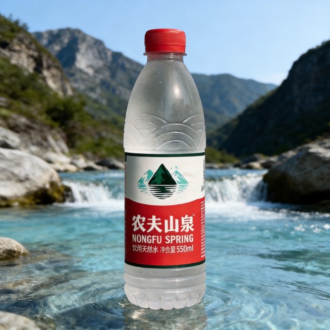 农夫山泉矿泉水，整瓶呈现，保持产品完整，山泉水源背景，电商主图预览效果