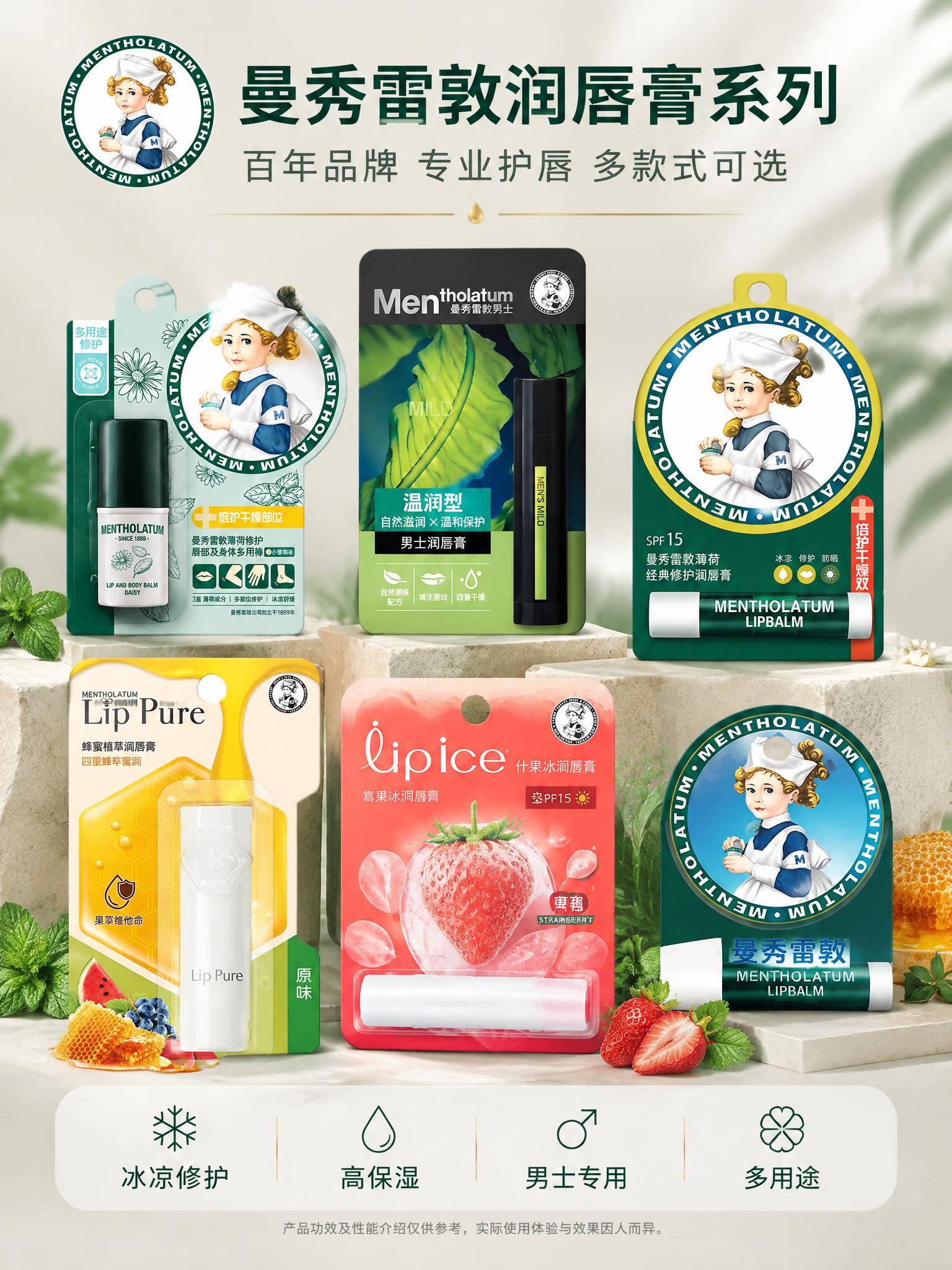 [详情1] 品牌与商品总览，展示全部6款曼秀雷敦润唇膏及少量核… - 图片创意预览