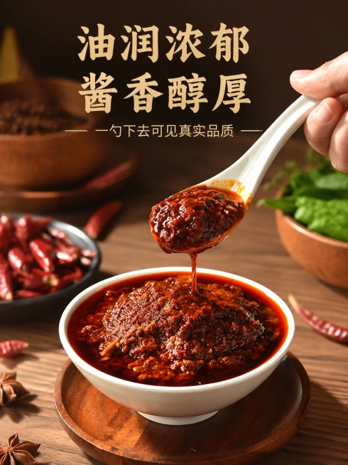 [第5屏] 舀酱动作展示-招牌香辣酱操作瞬间。本屏使用【图2】作为商品主体。
[氛围/风格] 动态食欲风格，暖调木质背景，真实自然生活感美食摄影。
[元素布局] 画面中心是白碗盛香辣酱，勺子从碗中舀起预览效果
