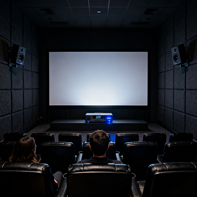 Immersive home theater scene, dark moody environment, walls covered with dark gray/black acoustic panels, black wall-mounted speakers surround the space, a large projection screen in the center, with audio-visual equipment placed in front of the screen. In the foreground, multiple rows of dark leather theater seats are occupied by audiences with their backs to the camera, intently watching the screen. The overall lighting is dim, with only faint light from the screen and device indicator lights, creating a quiet and immersive professional cinema atmosphere, solemn and enveloping, realistic photography style, cinematic lighting, high contrast, clean composition without any text.商业广告摄影，8K 高清，细腻质感，柔和暗部细节，低照度环境光，主光源来自投影幕布，设备指示灯点缀冷蓝色光，明暗对比强烈，私密、沉浸、高端，模拟专业影院的包裹感，横向宽屏，观众席在前，幕布与设备居中，对称稳定