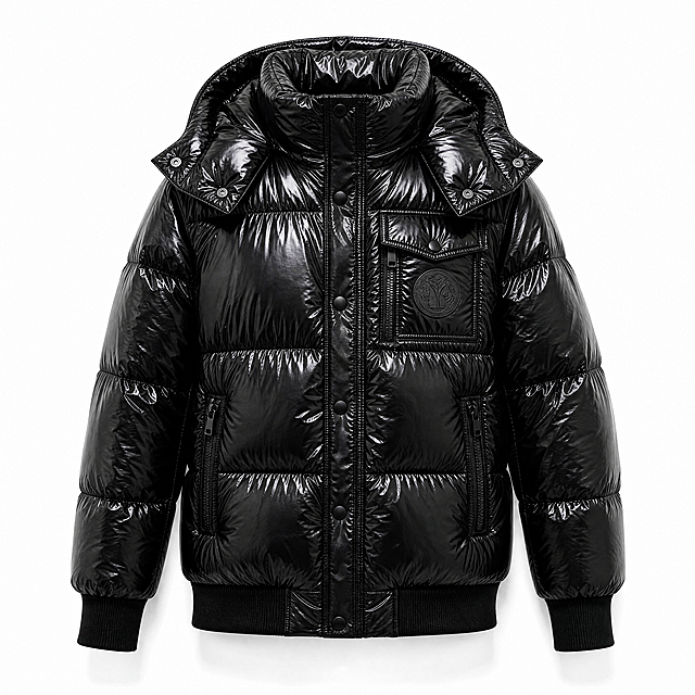 [主图-1] Amazon首图，纯白底正面展示男士亮面黑色连帽羽绒服，核心任务是让买家一眼看清产品整体外观与版型。
[统一基调] 高级户外编辑风，冷灰与雾蓝高级户外色系，超高清8K锐利对焦，无噪点干净画面，商业摄影质感，英文文案，无中文。
[画面] 产品居中正面平铺展示，占画面85%以上，完整展示连帽立领结构、胸前徽章口袋、双侧拉链口袋、按扣门襟、罗纹袖口与下摆。亮面黑色尼龙面料呈现真实光泽与褶皱，连帽自然展开，帽檐按扣清晰可见，左胸圆形徽章细节完整，拉链与按扣做工精细。纯白色干净背景，无任何杂物、阴影柔和自然，产品边缘清晰无白边残留。
[光影质感] 专业棚拍主光从左上45度打下，面料高光区域锐利通透，暗部层次丰富，亮面尼龙的反光质感真实自然，无过曝死白，羽绒服蓬松饱满有立体感，车线与绗缝结构清晰锐利。
[配色] 产品为亮黑色，背景纯白色，整体干净高级，无多余色彩干扰。
[文字版式] 首图无任何文字、Logo、水印或装饰元素，纯产品展示，符合Amazon首图规范。
[输出要求] 1:1正方形，2048x2048像素，产品完整不裁切，超高清8K级细节，锐利对焦，无噪点，画面干净，面料纹理清晰，无变形、无穿模、无悬浮感。负向：模糊、噪点、色差、变形、水印、文字、平台Logo、多余道具、人物、场景杂物。