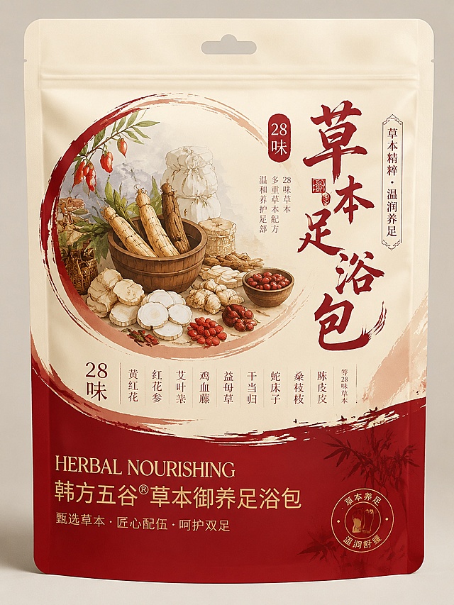 参考这张图片重新设计28味草本足浴包的自立袋包装，保留原包装的国风水彩手绘草本插图风格、米色上红下的配色方案和文字排版逻辑，整体设计要和原图不一样，主色调保留红色，款式3：采用圆形构图包围中药材插图，增加书法笔触装饰，优化标题排版