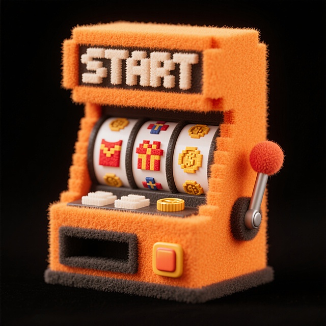 老虎机（完整展示），拉杆，三组独立滚轮，里面是红包，礼物，金币像素图案，游戏机顶部"START"按钮，整体为橙色色调，黑色背景