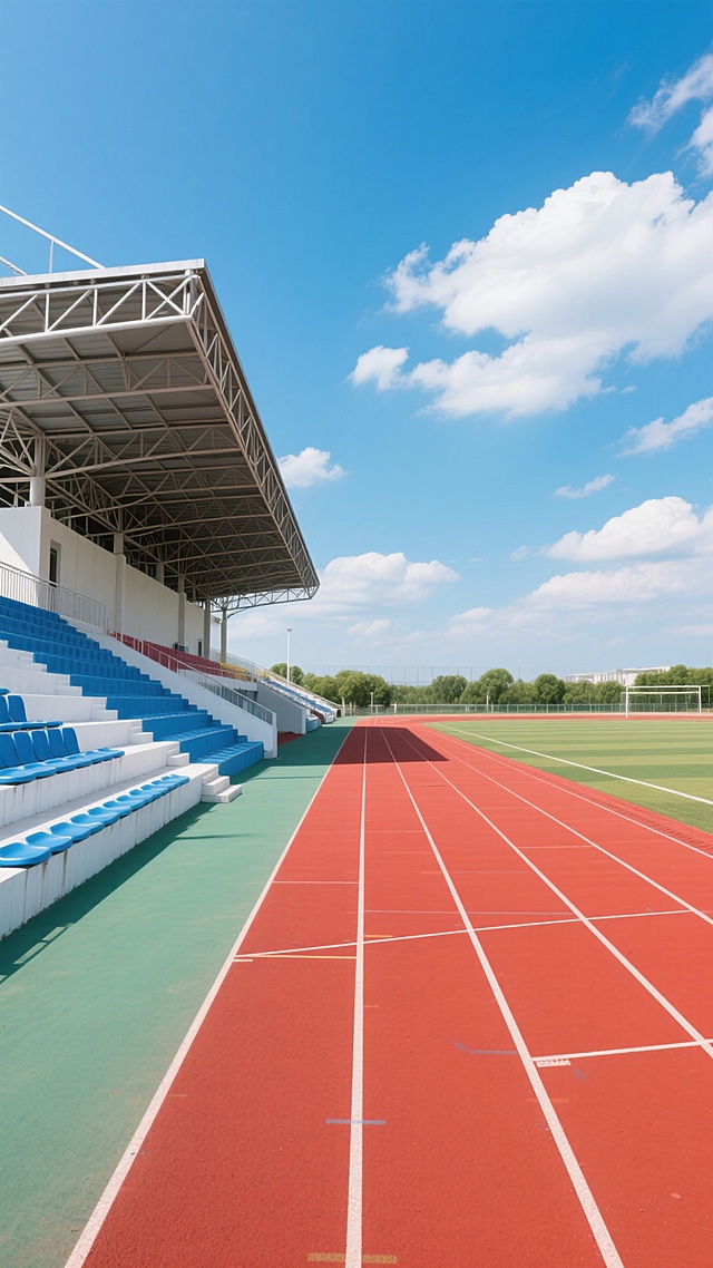 红色塑胶跑道上清晰的白色分道线，两侧是蓝白相间的阶梯式看台和金属结构顶棚，晴朗的天空中飘着几朵白云，阳光明媚，光影清晰，高饱和度色彩，写实风格，无水印。