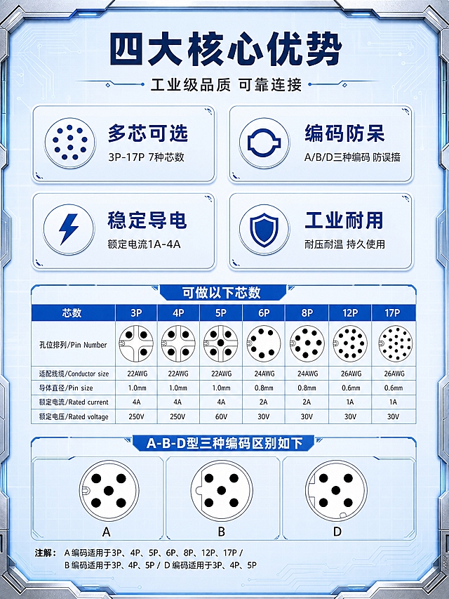 [商品] 使用【图1】中的工业连接器参数信息，保留所有芯数规格与电气参数数据；将文字与图形清晰化处理。
[画面] 目标：核心卖点总览，让用户快速了解4大核心优势。构图：顶部标题区+中部2x2四宫格卖点卡+底部产品小图；阅读动线从上到下。每个卖点卡含图标+短标题+一句话说明。
[视觉] 套系策略：风格=淡蓝色工业科技风；标题字=粗黑体工业无衬线；正文字=清晰无衬线体；主色=淡蓝色(#E8F4FF)；背景延展=淡蓝色渐变+工业网格线+电路板暗纹+金属质感边框；强调色=深蓝色(#1E6FD9)，仅用于标题、图标、引线和表格表头；标题色=深蓝色；正文色=深灰(#333333)；组件=圆角工业风信息卡、细蓝线引线、金属质感边框；光影=顶部冷白光，科技感蓝紫光晕。
[文字] 顶部主标题"四大核心优势"，副标题"工业级品质 可靠连接"。四宫格卖点：左上"多芯可选"配孔位图标+"3P-17P 7种芯数"；右上"编码防呆"配编码图标+"A/B/D三种编码 防误插"；左下"稳定导电"配电流图标+"额定电流1A-4A"；右下"工业耐用"配盾牌图标+"耐压耐温 持久使用"。文字全部横向排版。
[规格] 图片比例3:4竖版，4K，避免变形、错字、文字模糊、暖色背景、杂乱元素。