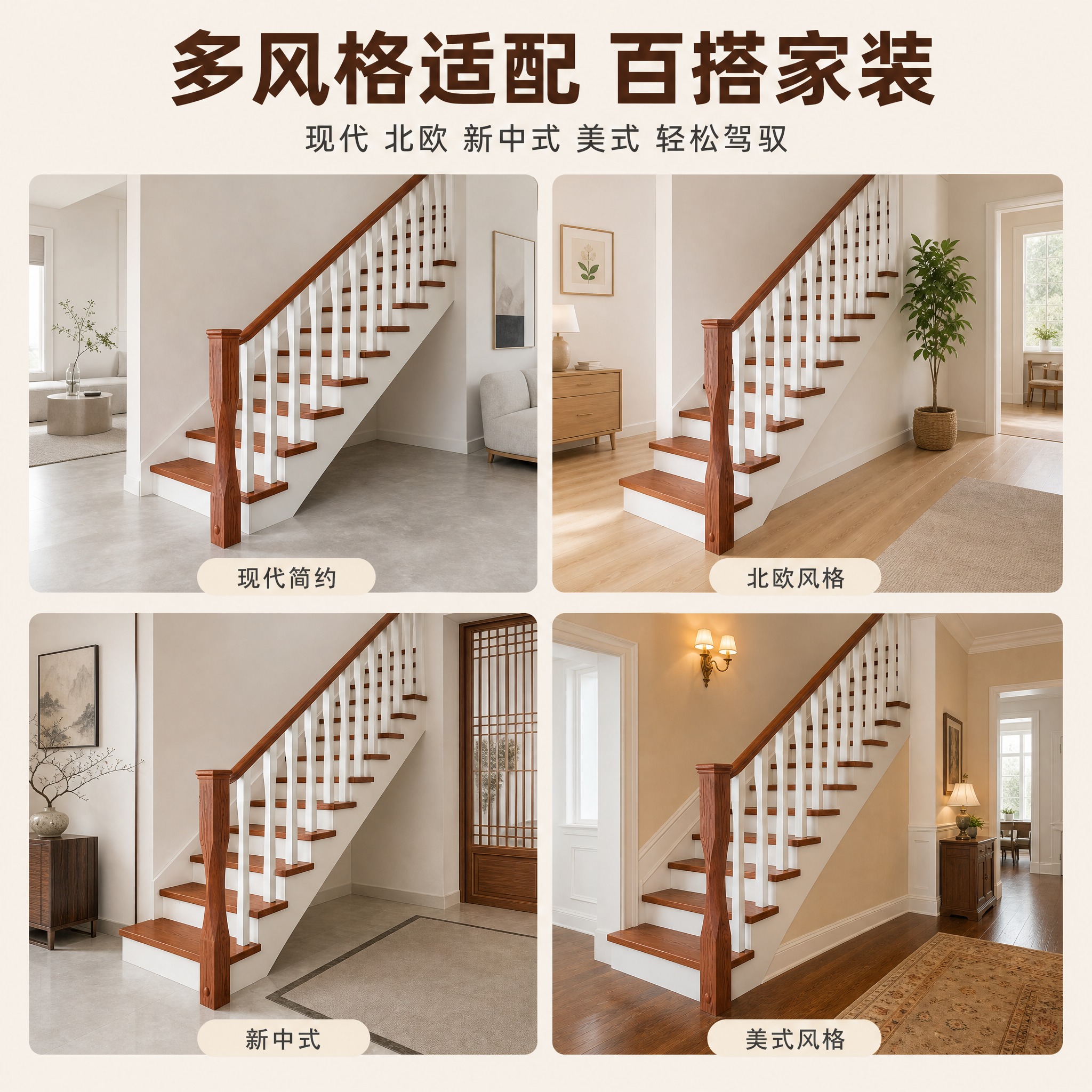 [主图-4] 多场景适配展示图，展示实木楼梯在不同家装风格空间… - 图片创意预览