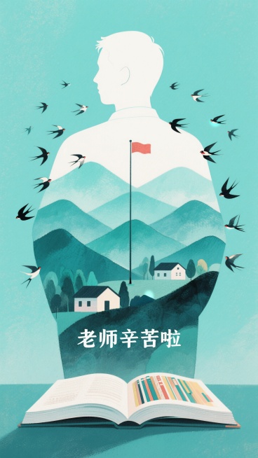 一个男人背影的轮廓，轮廓内嵌有详细的风景，包括层层叠叠的山脉、山脉中的平房和一根高高的旗杆。男人的轮廓周围环绕着许多飞鸟，下面一本书打开。男人的姿态沉思。书本以有序而艺术的方式排列。光线柔和，聚焦于轮预览效果