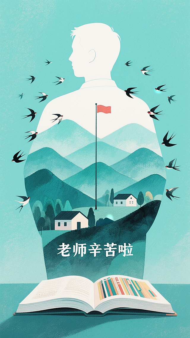 清新插画风，双重曝光展现山川与人物轮廓，寓意知识的广阔与自由。