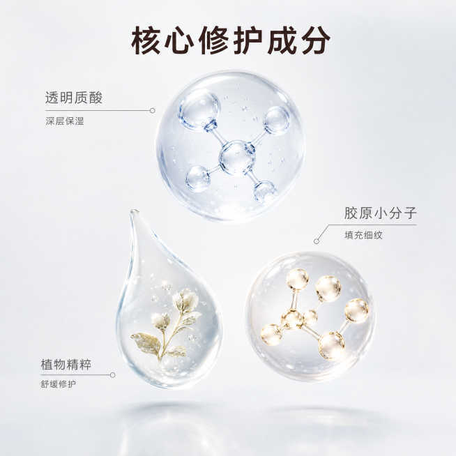 [主图-2] 雅诗兰黛蓝光眼霜核心功效成分解析。氛围风格为科研硬核专业风，超写实C4D渲染质感，画面干净通透，细节清晰。画面中心分布3个悬浮核心成分元素：透明质酸3D分子球、胶原小分子、植物修护精粹水预览效果