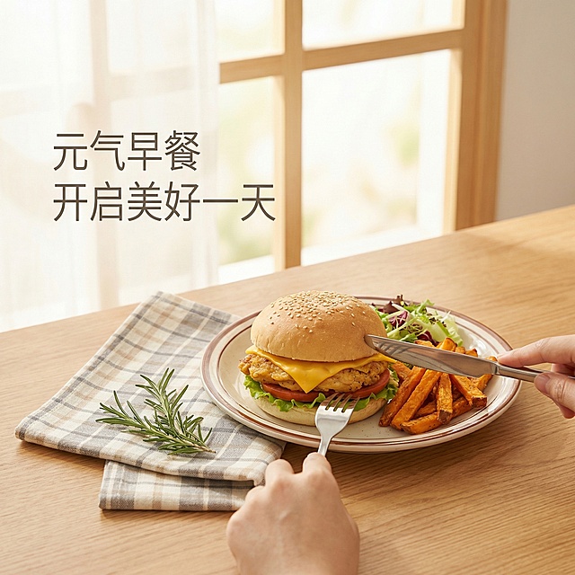 [主图主题] 一人食轻食套餐场景体验图
[氛围/风格] 元气早晨温馨氛围感，轻食生活方式，自然侧逆光
[画面元素] 第一人称视角，餐桌上摆放完整鸡肉堡套餐，旁边搭配一块格子餐布和一小束新鲜迷迭香装饰，手拿叉子准备切开鸡肉堡，背景是干净落地窗透进清晨自然光，营造轻松健康的早餐氛围
[配色色系] 主色调：暖米色、浅木色、食物暖黄色；辅助色：浅灰格纹，整体清新柔和
[视角构图] 第一人称俯视角度，带入感强，构图饱满通透
[文字版式] 左侧文字“元气早餐 开启美好一天”，简洁排版，文字悬浮在背景空白处，不遮挡产品。
[分辨率] 2k 分辨率