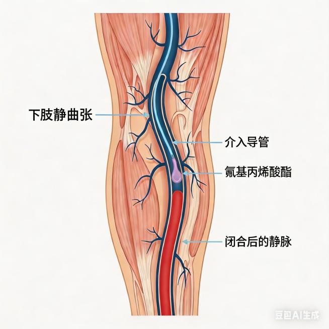 修改图片中的标注文字，以图中血管为界，将血管左侧的文字修改为"下肢静脉曲张"，将血管右侧从上往下数第二个文字修改为"氰基丙烯酸酯"，保留原图的医学解剖结构、肌肉和血管样式、整体配色和其他标注文字不变，预览效果