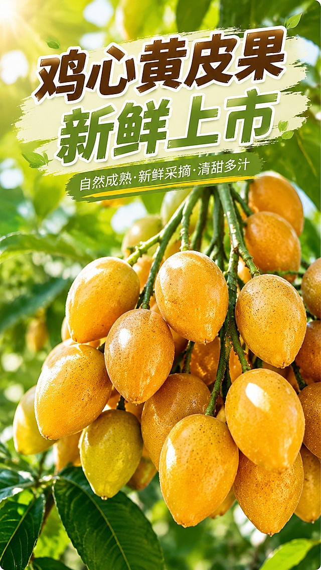 超市黄皮果宣传海报，竖版9:16，画面主体是新鲜饱满的鸡心黄皮果，金黄透亮，挂在枝头，背景是清新自然的果园绿叶，阳光明媚，氛围新鲜诱人，突出水果的新鲜质感和天然健康，画面上方有大字标题"鸡心黄皮果 新鲜上市"，整体风格清新自然、食欲感强，不要出现价格信息，适合超市宣传使用