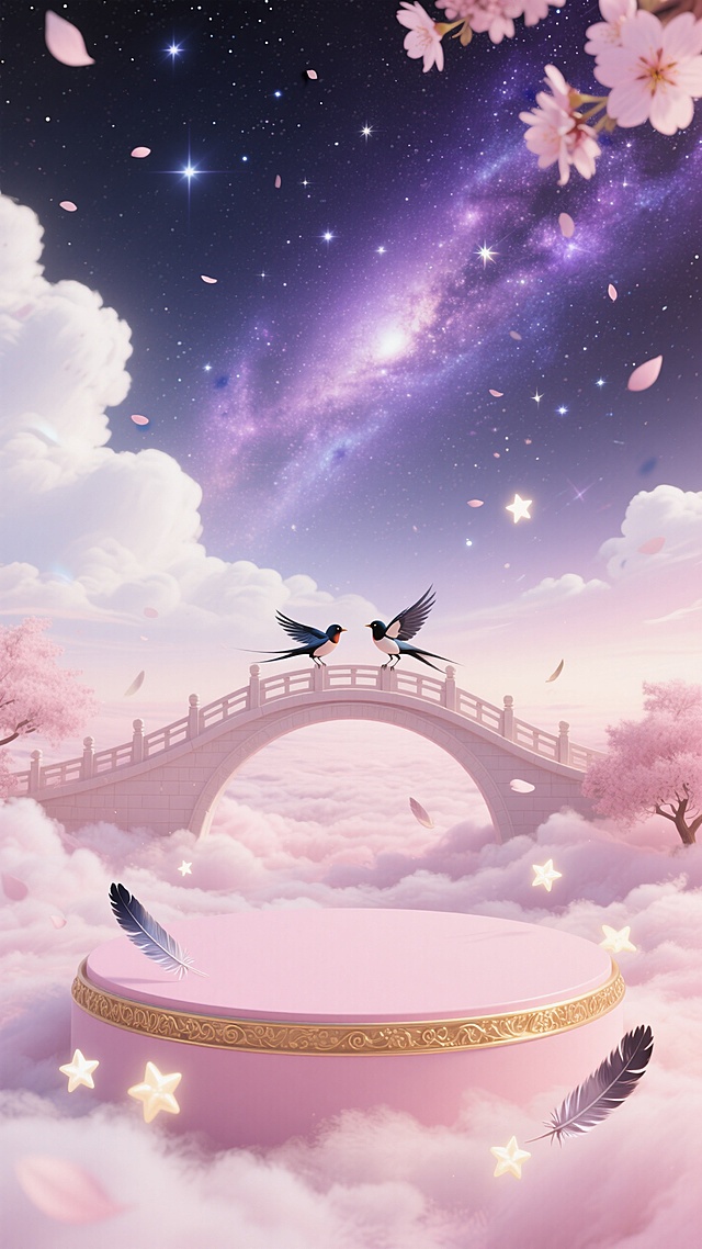 浮在粉色云海中的圆形展台，展台为浅粉色，边缘有金色装饰，背景是粉白渐变的天空与云朵，樱花飘落。占据画面主体的是壮丽的银河与鹊桥。背景是深邃的、带有星云纹理的深蓝紫色星空，点缀大量闪烁星芒。前景可飘落几片喜鹊羽毛或几颗特别明亮的星星。