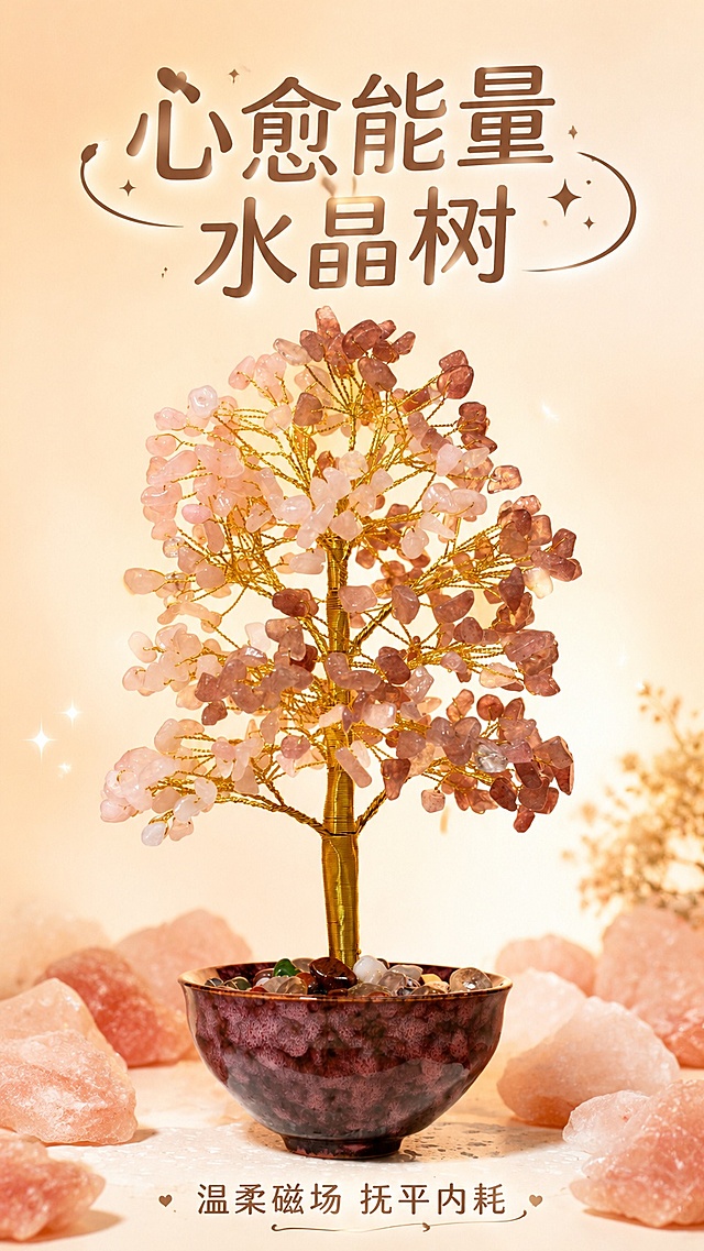 [第1屏] 详情页头图-粉晶草莓晶爱心疗愈树新品宣传图。本屏使用【图1】作为商品主体。
[氛围/风格] 治愈能量系风格，温馨暖调氛围感，商业摄影质感，柔化光影。
[元素布局] 粉晶草莓晶树置于画面中心，占比约70%；背景为暖杏色渐变，周围点缀散落天然粉晶原石，底部搭配浅白色肌理台面，保留产品造型：粉晶+草莓晶双色树形，金色铜线树干，红紫色陶瓷盆底座，结构、颜色与图1一致。
[光影质感] 顶侧柔光照明，产品下方柔和投影，水晶切面保留清透高光，整体光影通透温暖。
[配色色系] 全局底色 #FFF5EB；主色暖粉+浅棕；辅助色金色铜线，红紫底座，原木色背景。
[视角构图] 正面平视，产品为绝对视觉中心，阅读动线从上到下，自然流畅。
[文字版式] 版式为上方主标题，居中产品，下方副标题。主标题「心愈能量 水晶树」，副标题「温柔磁场 抚平内耗」，字体柔和圆润，暖棕色字色，不遮挡主体产品，文字清晰可辨。
[比例分辨率] 9:16竖版比例，4K分辨率，文字清晰可辨，高清画质。
[负向提示词] 树形变形，缺件错件，颜色偏差，文字错乱，产品模糊，水印，背景杂乱