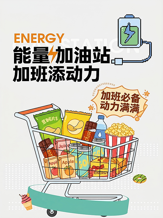 参考上传图片的扁平卡通风格，设计员工能量加油站海报，主题为加班补充能量，包含标题"能量加油站 加班添动力"，画面中有装满零食饮料的购物车，卡通风格，线条清晰，配色明亮活泼
