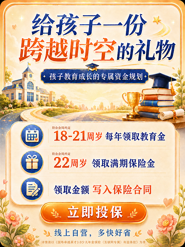 保持图片整体风格、配色、背景、所有图标、排版布局、标题、副标题、三条卖点的主文字、底部按钮及其他所有元素完全不变，仅做以下修改：1. 将图片尺寸调整为宽825像素、高1080像素；2. 在第一个矩形框内“18-21周岁”文字的正上方、框内靠左的位置，添加一行很小的说明文字“符合合同约定”，字体颜色为深棕色或与框内文字协调的暖色调，字号明显小于主文字；3. 在第二个矩形框内“22周岁”文字的正上方、框内靠左的位置，添加一行同样的小字“符合合同约定”，大小、样式、颜色与第一个框内的小字完全一致；4. 在图片底部合适的空白位置添加一行很小的浅棕色小字，文字内容为“详情请以《国寿卓越英才3.0少儿年金保险（互联网专属）利益条款》为准”，该行小字在画面中严格水平居中对齐，字体要小且与暖色调背景相衬不突兀，不遮挡原有任何元素。