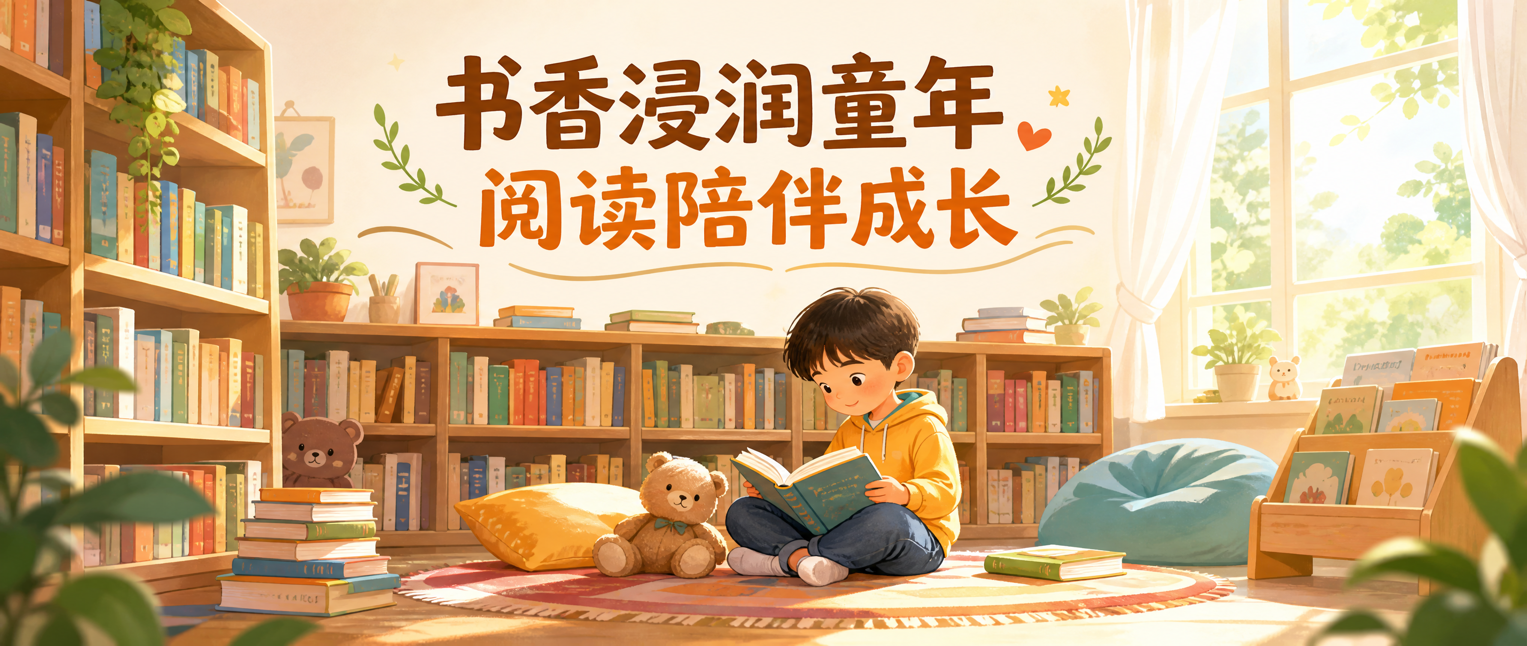微信公众号封面图，童趣书香风格，背景是温馨的儿童阅读场景，有堆… - 图片创意预览