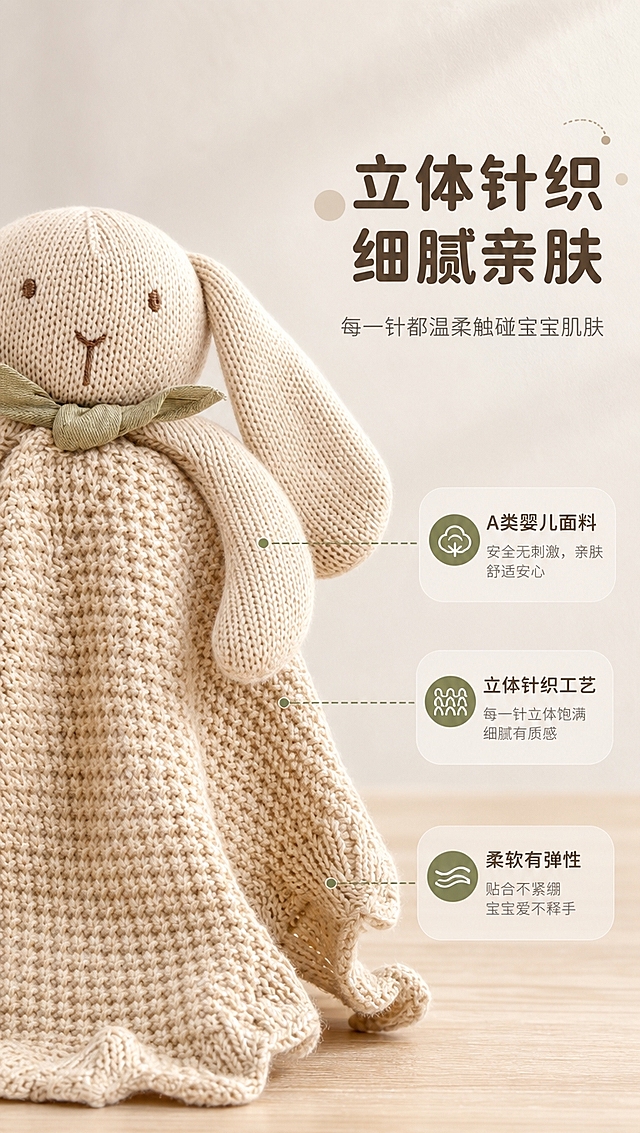 [商品] 使用【图1】米杏色针织长耳兔安抚巾；保留长垂耳、豆豆眼、Y型小嘴、橄榄绿领结、立体针织纹理、波浪荷叶边下摆、整体米杏沙色调和安抚巾版型；微距放大针织纹理，增强每一针线的细腻质感和立体感，不改变结构和颜色。
[画面] 页面目标：细节质感展示，突出立体针织工艺与A类面料亲肤触感。右文左图构图，左侧大特写展示安抚巾身体部分的针织纹理和兔子耳朵边缘，产品局部占画面约60%。前景针织纹理微距清晰可见，中景浅原木桌面，后景虚化浅燕麦色墙面，柔和侧光突出织物立体感。
[视觉] 套系策略：风格=北欧丹麦简约高级婴童产品实拍；标题字=圆润圆角无衬线粗体；正文字=简洁细体无衬线；主色=沙色米杏；背景延展=基于浅燕麦色做深浅层级、同色渐变和细腻墙面/纸张质感；强调色=橄榄绿，仅用于小面积图标、引线和标签；标题色=深暖棕；正文色=中暖灰；组件=圆角浅底信息卡、细线引线、圆点装饰；光影=左前侧窗边柔光，漫射软光，侧光突出纹理立体感。
[文字] 右侧放主标题「立体针织 细腻亲肤」，副标题「每一针都温柔触碰宝宝肌肤」，下方配3个细节卖点配引线：A类婴儿面料 / 立体针织工艺 / 柔软有弹性。文字全部横排，引线指向对应纹理部位。
[规格] 图片比例9:16竖版，4K分辨率，写实8K细腻质感，避免变形、错字、文字过小、高饱和配色、杂乱道具、冷蓝背景、产品颜色改变、纹理模糊。