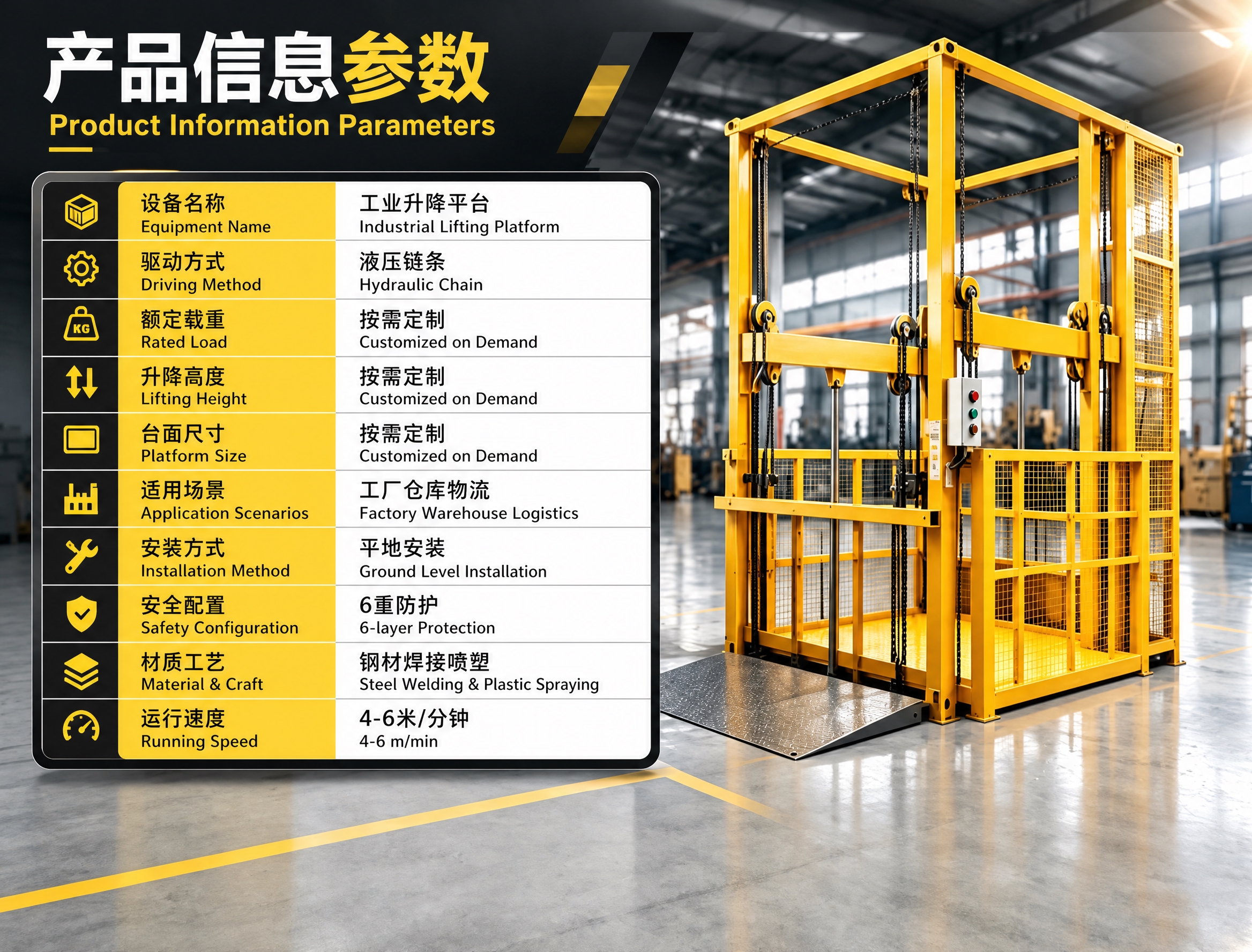 基于这张工业升降平台产品信息参数图，进行图片文字翻译修改： 1… - 图片创意预览