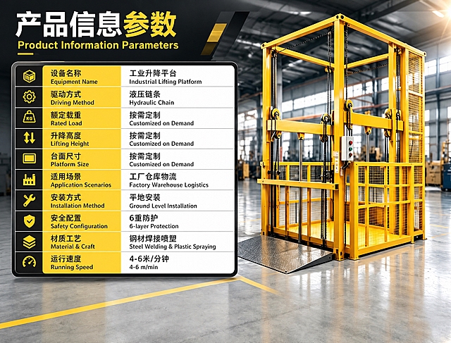 基于这张工业升降平台产品信息参数图，进行图片文字翻译修改：
1. 保留所有原始中文文字不变，在每一行中文文字旁边或下方添加对应的英文翻译，实现中英文双语对照
2. 标题「产品信息参数」翻译为「Product Information Parameters」，保持原字体风格、字号层级、颜色和位置
3. 左侧参数项及对应翻译：
   - 设备名称 / Equipment Name
   - 驱动方式 / Driving Method
   - 额定载重 / Rated Load
   - 升降高度 / Lifting Height
   - 台面尺寸 / Platform Size
   - 适用场景 / Application Scenarios
   - 安装方式 / Installation Method
   - 安全配置 / Safety Configuration
   - 材质工艺 / Material & Craft
   - 运行速度 / Running Speed
4. 右侧参数值及对应翻译：
   - 工业升降平台 / Industrial Lifting Platform
   - 液压链条 / Hydraulic Chain
   - 按需定制 / Customized on Demand
   - 按需定制 / Customized on Demand
   - 按需定制 / Customized on Demand
   - 工厂仓库物流 / Factory Warehouse Logistics
   - 平地安装 / Ground Level Installation
   - 6重防护 / 6-layer Protection
   - 钢材焊接喷塑 / Steel Welding & Plastic Spraying
   - 4-6米/分钟 / 4-6 m/min
5. 严格保持原排版布局、字体风格、字号层级、文字颜色、位置关系不变，英文翻译与对应中文自然对齐，整体协调美观
6. 开启主体保护：右侧黄色工业升降平台设备主体完整保留，不做任何修改，不被文字遮挡
7. 背景修复干净自然，文字与背景融合自然，无漏翻、错翻、乱码、文字重叠、排版错位、背景破损