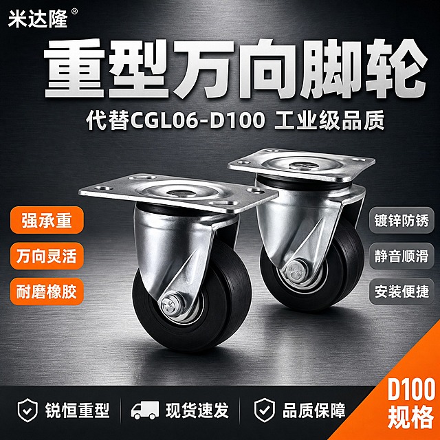 [单张主图] 米达隆锐恒重型万向脚轮 代替CGL06-D100 淘宝1:1主图 爆款促销感路线 主图目标：3秒内传达重型工业脚轮的专业品质与强承重卖点，提升点击率与转化。

[画面主体] 画面中央展示两只重型万向脚轮，一前一后错落摆放，主体占画面约60%，保持产品外观与输入图完全一致：银色镀锌金属支架、方形安装顶板带四个安装孔、黑色橡胶轮面、金属轴承结构。脚轮呈45度视角，前方脚轮略大突出，后方脚轮稍远形成层次感。金属支架表面有干净的工业金属反光，橡胶轮面纹理清晰，质感厚重结实。

[构图版式] 采用「顶部大标题型」爆款版式。顶部约28%区域放品牌与主标题信息；中部约55%区域为产品主体展示区；底部约17%区域为通栏信息条，承接核心卖点与服务权益。

[场景元素] 背景为深灰色到浅灰色的工业风渐变背景，带有细微的金属拉丝纹理质感，营造专业工业氛围。产品下方有柔和的接触阴影，脚轮仿佛放置在金属台面上，稳重不悬浮。左上角预留品牌位，右下角加一个橙色角标。

[文案版式] 左上角品牌位：小字「米达隆」。
顶部居中主标题（超大粗黑体）：「重型万向脚轮」
主标题下方副标题（中号字）：「代替CGL06-D100 工业级品质」
左侧中部竖排3个卖点胶囊（橙底白字圆角矩形）：
1. 强承重
2. 万向灵活
3. 耐磨橡胶
右侧中部竖排3个卖点胶囊（灰底白字圆角矩形）：
1. 镀锌防锈
2. 静音顺滑
3. 安装便捷
底部通栏（深灰色底白字）：左侧「锐恒重型」 中间「现货速发」 右侧「品质保障」
右下角橙色角标：「D100规格」

[光影质感] 商业工业摄影质感，主光从左上方45度照射，金属支架形成明亮高光带，橡胶轮面有柔和反光。右侧有辅光补亮暗部，阴影清晰但不生硬。产品底部有真实接触阴影，增强稳重感。整体画面干净锐利，金属质感强烈，工业品质感突出。

[配色字体] 主色：深灰/银灰工业色系；强调色：橙色（用于卖点胶囊和角标）；文字色：白色主标题、浅灰辅助文字。字体：全部使用粗黑体无衬线字体，主标题字号最大，副标题次之，卖点胶囊文字中等，底部通栏文字较小。字重对比强烈，层级分明。

[比例分辨率] 1:1正方形比例，2K分辨率，文字清晰可辨，产品细节锐利。

[负向提示词] 产品变形、结构错误、安装孔缺失、轮面变形、金属质感发灰发脏、文字模糊错字、水印、平台Logo、杂乱背景、多余装饰、悬浮感、穿模、低清晰度、塑料质感、卡通风格