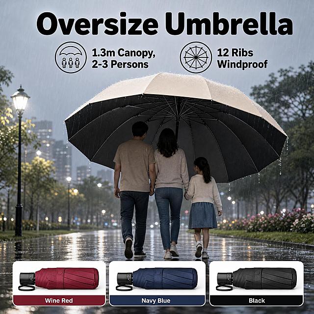 [单张主图] Shopee马来西亚站点超大号晴雨伞爆款促销感主图，1:1方形，参考图2的版式结构：标题在顶部，卖点图标在标题下方左右排列，左侧多色展示改为底部横向并列。

[画面主体] 画面中央偏右是一把完全撑开的米色超大号雨伞，伞面巨大饱满，伞骨结构清晰，伞面内侧为黑色，伞骨数量多且粗壮，体现12骨加厚抗风结构。伞下有三个人的背影（父亲、母亲、孩子）手牵手在雨中行走，三个人全部被同一把伞完全遮挡头顶，用画面直观证明伞面超大、可容纳2-3人同时使用。人物为真实背影，穿着日常服装，在雨中行走的自然姿态。

[底部多色横向并列] 画面底部横向整齐排列三把折叠状态的雨伞，从左到右依次为：酒红色、藏青色、黑色。三把伞等比例大小，水平并列摆放，每把伞下方有英文颜色标注：Wine Red、Navy Blue、Black。三把折叠伞放在白色圆角卡片上，卡片底部有对应颜色的色块条标注颜色名称。

[构图版式] 参考图2的版式：顶部大标题 -> 标题下方左右两个卖点图标 -> 中部主体大伞+三人使用场景 -> 底部左侧多色展示（改为底部横向并列）。整体信息层级从上到下清晰分明。

[顶部标题] 画面最顶部居中，用大号粗体圆润无衬线英文字体写主标题："Oversize Umbrella"，字体为黑色粗体，字号很大，占据顶部约15%高度，醒目易读。

[卖点图标（标题下方）] 标题正下方，左右各一个圆形线稿图标+文字组合：
- 左侧：黑色圆形线稿雨伞图标 + 右侧文字 "1.3m Canopy, 2-3 Persons"，黑色字体，分两行
- 右侧：黑色圆形线稿伞骨放射状图标（12根伞骨示意） + 右侧文字 "12 Ribs Windproof"，黑色字体，分两行
两个卖点图标水平对称分布在标题下方，清晰展示两个核心购买理由。

[场景元素] 背景为雨天户外公园场景：灰蓝色阴沉天空，细密的雨丝飘落，地面是湿润的公园步道，有水洼和倒影，两侧有绿色树木和花丛，远处有模糊的路灯和城市灯光，营造真实的雨天使用场景。背景适度虚化，突出前景产品和人物。

[光影质感] 商业摄影质感，自然光漫射，雨天柔和光线，伞面有雨滴水珠细节，光泽自然，伞骨金属质感清晰。人物背影自然真实，服装纹理可见。地面有雨水反光和人物倒影。

[配色字体] 主色调：灰蓝色（雨天背景）、米色（主伞）、黑色（文字、伞内侧、图标）。字体全部使用英文圆润粗体无衬线字体（类似圆润黑体风格），标题最大最粗，卖点文字中等，颜色标注较小。

[比例分辨率] 1:1正方形，2048x2048，2K分辨率，文字清晰锐利。

[负向提示词] 禁止中文文字，禁止水印，禁止平台Logo，禁止"豆包AI生成"等水印文字，禁止产品变形，禁止伞骨结构错误，禁止人物面部扭曲，禁止手指畸形，禁止画面杂乱，禁止文字模糊不清，禁止颜色偏差过大，禁止伞面有中文印刷，禁止促销爆炸贴，禁止边框装饰，禁止人物正面露脸。