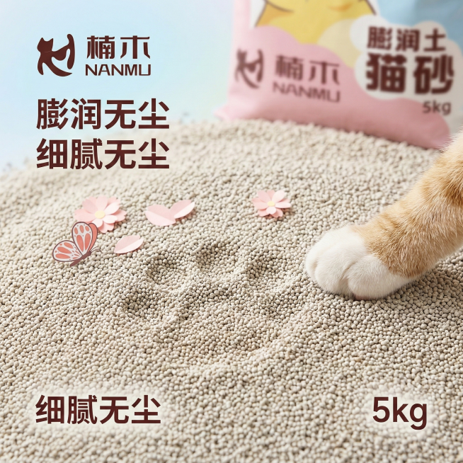高级可爱风格，1:1比例，猫砂细节展示图，特写展示楠木膨润土猫砂的颗粒质感，搭配猫咪小爪印元素，突出猫砂细腻无尘的特点，背景柔和干净，凸显产品质感预览效果