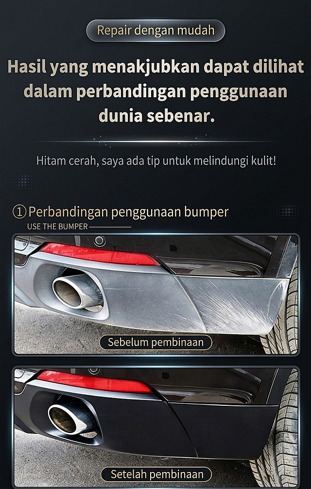 「图片1」「图片1」「图片1」「图片1」「图片1」「图片1」「图片1」「图片1」「图片1」「图片1」产品是一款汽车翻新剂，帮我重新生成一套与原图视觉效果不同的（更换排版，色系）整体调性：极简干净、高级质感、低饱和、无杂乱元素，大标题亮色加粗突出卖点，视觉：质感产品图 + 精致对比 + 轻科技感，核心卖点：一擦翻新老化、发白、龟裂、哑光暗沉瞬间焕新长效防护防老化、防晒、防污、抗紫外线，持久提亮温和不伤件不腐蚀塑料 / 橡胶 / 皮革，不发白不粘灰提亮不油腻哑光 / 自然亮，不沾手、不反光、不油腻适用广泛保险杠、内饰、门板、胶条、皮革、轮毂边通用便捷高效涂抹即亮，免抛光、免水洗，懒人养护。（10张）风格是黑色高级汽车风。详情页文案参考（主图 10张结构（直接照做）首图：产品 + 大字卖点，标题文字字体统一，风格定位：马来简约高级汽车风格/ 干净高级深色配色，干净高级构图。视觉：图标 + 短句，文字语言为马来语言，详情页比例为原图片比例，不要产品白底图