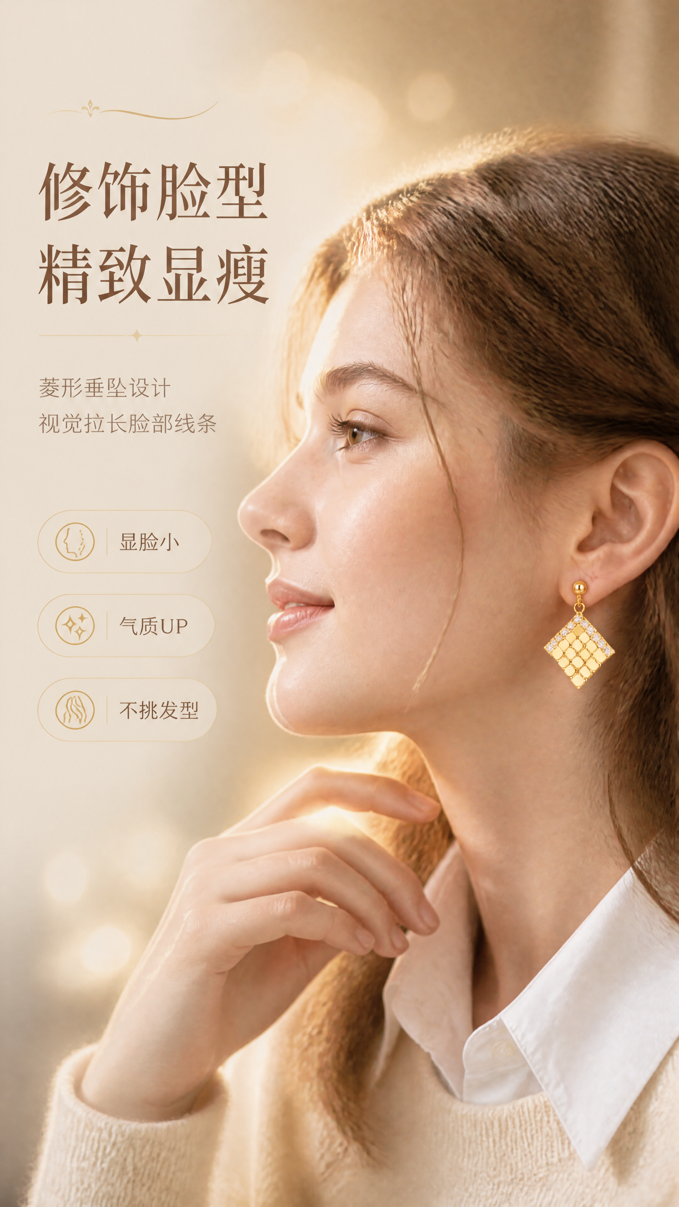 [商品] 使用【图2】模特佩戴的金色菱格纹镶钻耳环；保留耳环的… - 图片创意预览