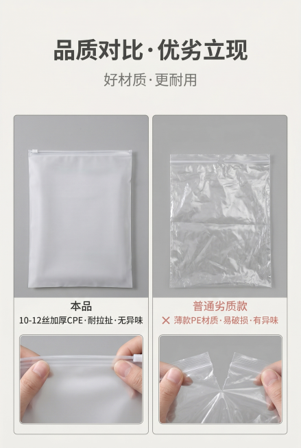 第6屏：质量对比突出本品优势，严格还原上传产品参考图，精准复刻包装设计、产品配色、LOGO位置及比例、文字内容及字体、图案元素及细节，无任何偏差，色彩无失真；产品与画面中其他物体的比例遵循真实物理空间预览效果