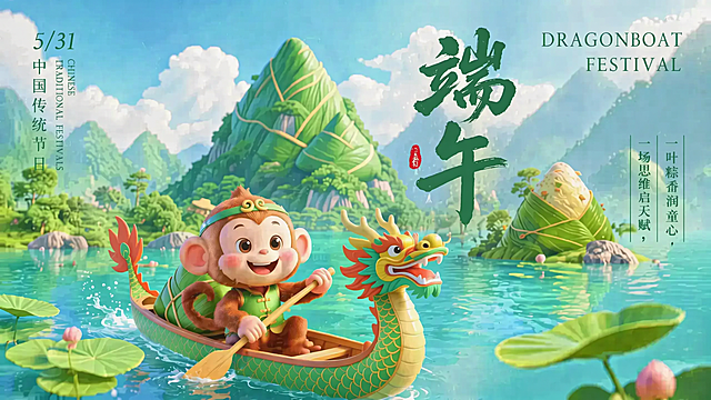 参考当前图片风格和整体构图，让主标题书法大字“端午”更加清晰完整显示，将右下角原副标题文字替换为新文字“一叶粽香润童心，一场思维启天赋”，保留猴子划龙舟、3D卡通风格、端午节风景和其他原有文字不变